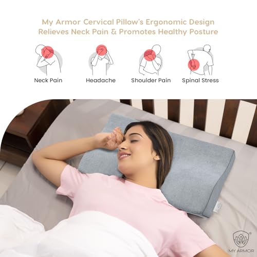MY ARMOR Cervical Pillow for Neck Pain and Shoulder Pain, Spondylitis Neck, Orthopedic Memory Foam Pillow for Sleeping, Standard Size - 2 & 4 Inch Dual Height, with Washable Grey Velvet Cover - Image 3