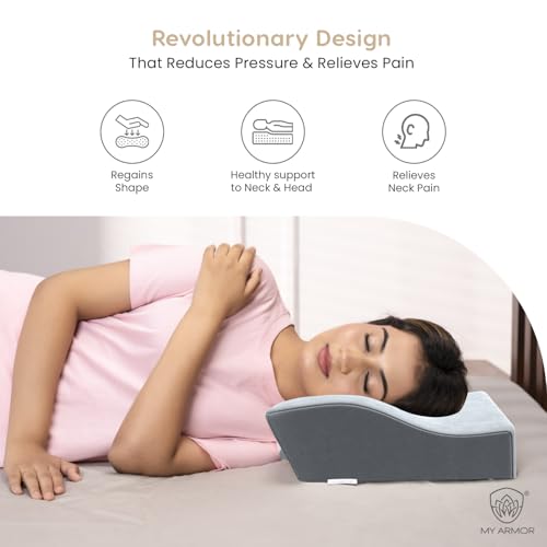 MY ARMOR Cervical Pillow for Neck Pain and Shoulder Pain, Spondylitis Neck, Orthopedic Memory Foam Pillow for Sleeping, Standard Size - 2 & 4 Inch Dual Height, with Washable Grey Velvet Cover - Image 4