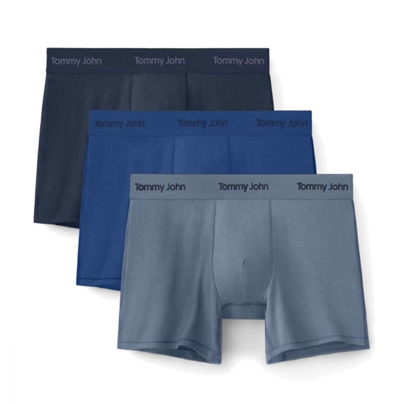 Tommy John Men's Luxe Modal 4" Trunk Boxer Brief Underwear 3-Pack, Blue Quartz/Dress Blues/Troposphere, Medium - Image 1