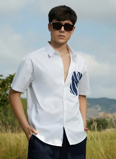 Campus Sutra Men's Cream White & Indigo Blue Zebra-Block Shirt