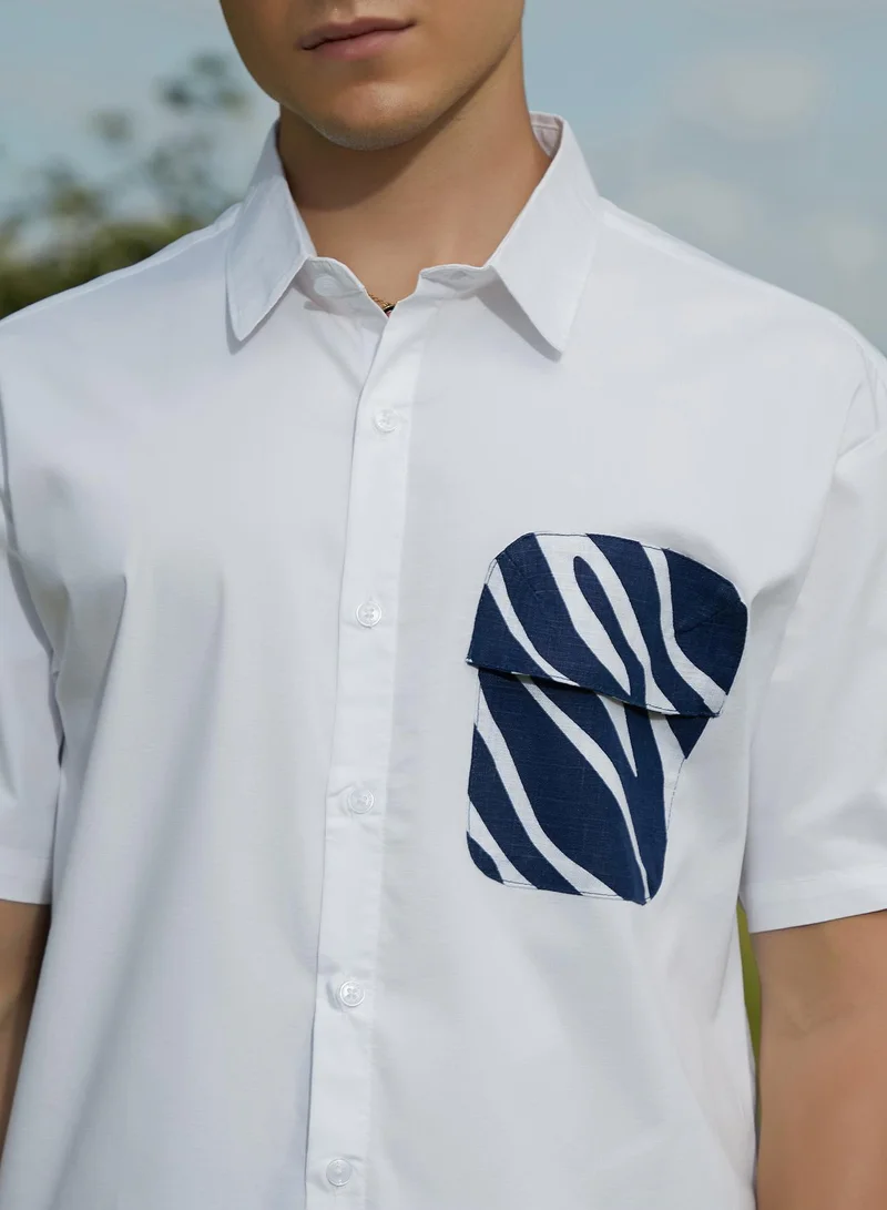 Campus Sutra Men's Cream White & Indigo Blue Zebra-Block Shirt