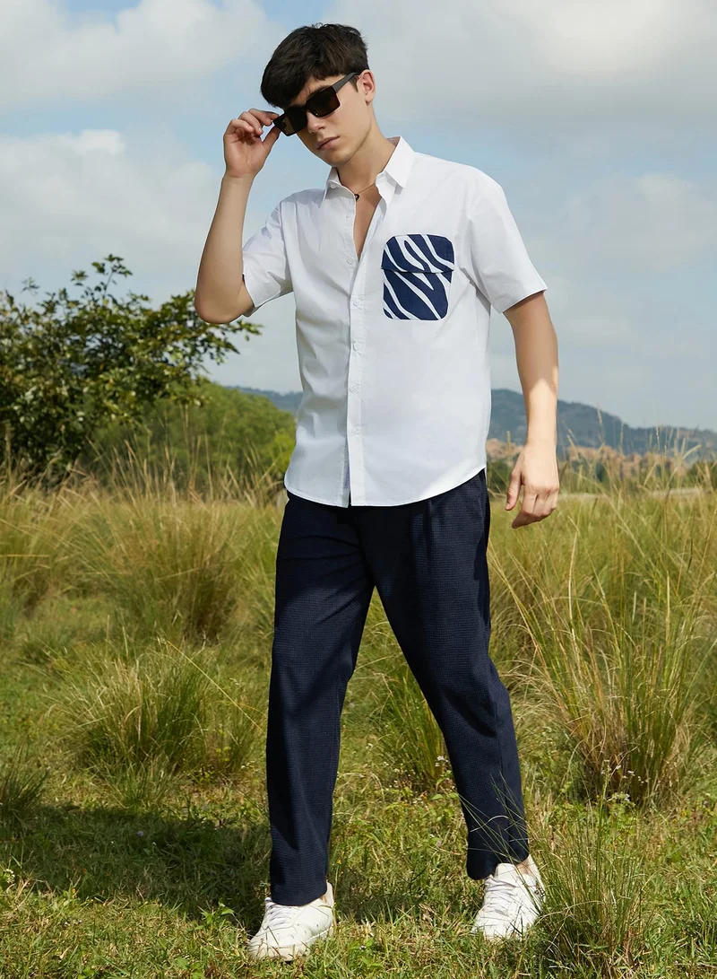 Campus Sutra Men's Cream White & Indigo Blue Zebra-Block Shirt