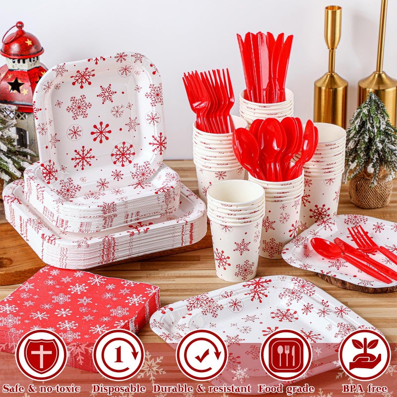 Suttmin 350 Pcs Paper Plates and Napkins Set Disposable Dinnerware Party Supplies Tableware Serve 50 Guest Cups Knife Forks Spoon(Red White Snowflake) - Image 1