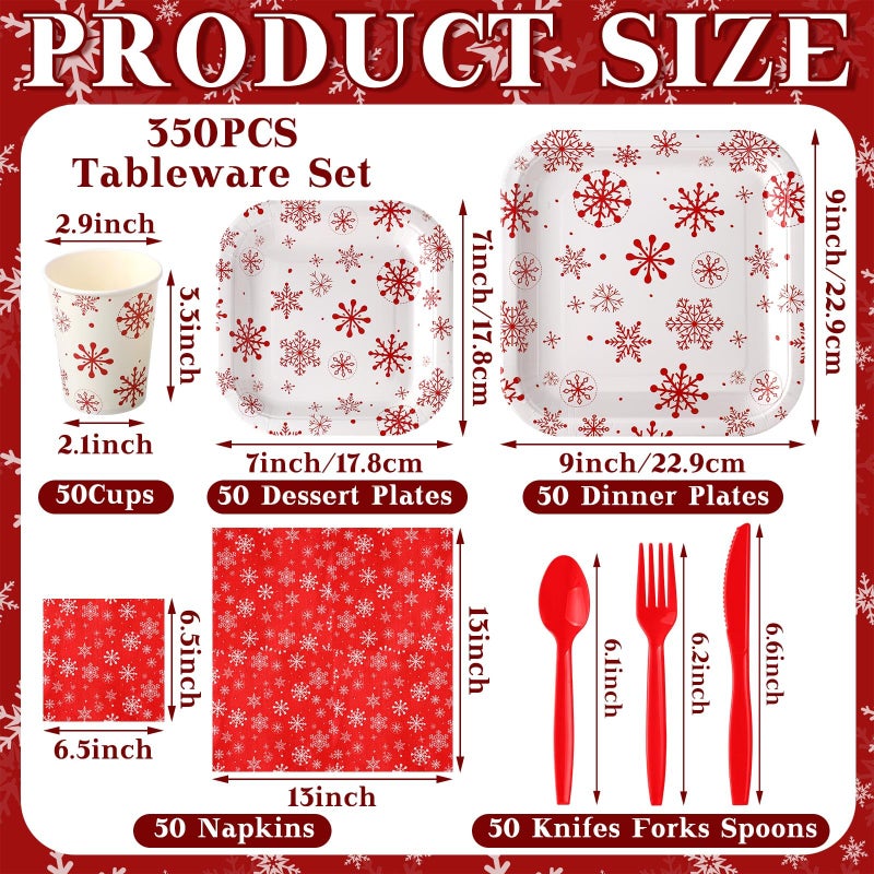 Suttmin 350 Pcs Paper Plates and Napkins Set Disposable Dinnerware Party Supplies Tableware Serve 50 Guest Cups Knife Forks Spoon(Red White Snowflake) - Image 2