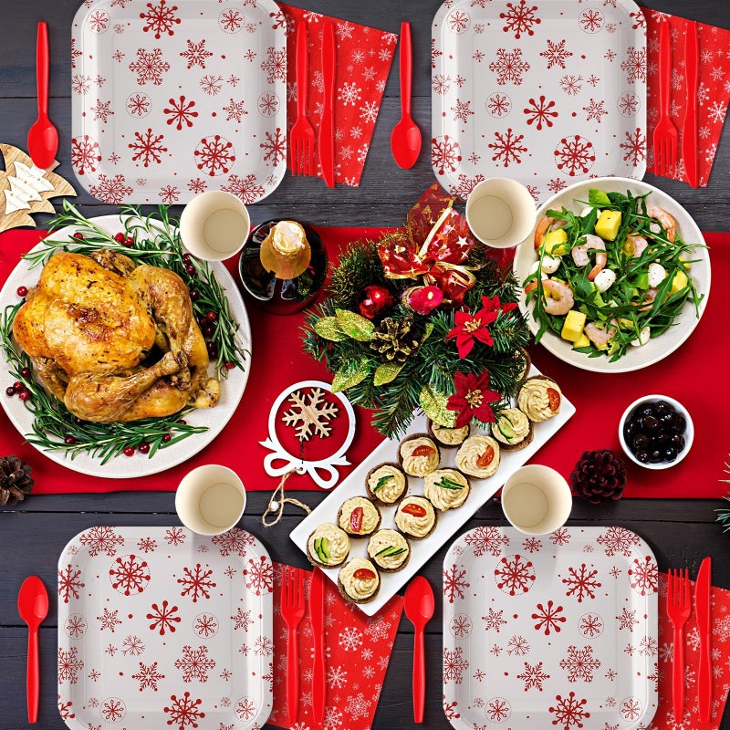 Suttmin 350 Pcs Paper Plates and Napkins Set Disposable Dinnerware Party Supplies Tableware Serve 50 Guest Cups Knife Forks Spoon(Red White Snowflake) - Image 4