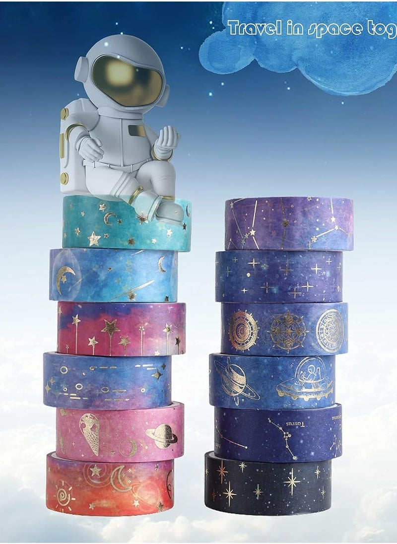 Arabest - Galaxy Purple Bronzing Washi Tape, 12 Rolls DIY Hand Account Creative Decorative Stickers Handmade Accessories Gold Foil Paper Tapes with Constellations, Blue Sky, Moon, Stars, Celestial Bodies - Image 1