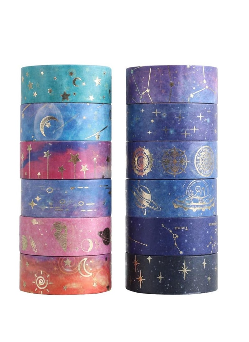 Arabest - Galaxy Purple Bronzing Washi Tape, 12 Rolls DIY Hand Account Creative Decorative Stickers Handmade Accessories Gold Foil Paper Tapes with Constellations, Blue Sky, Moon, Stars, Celestial Bodies - Image 1