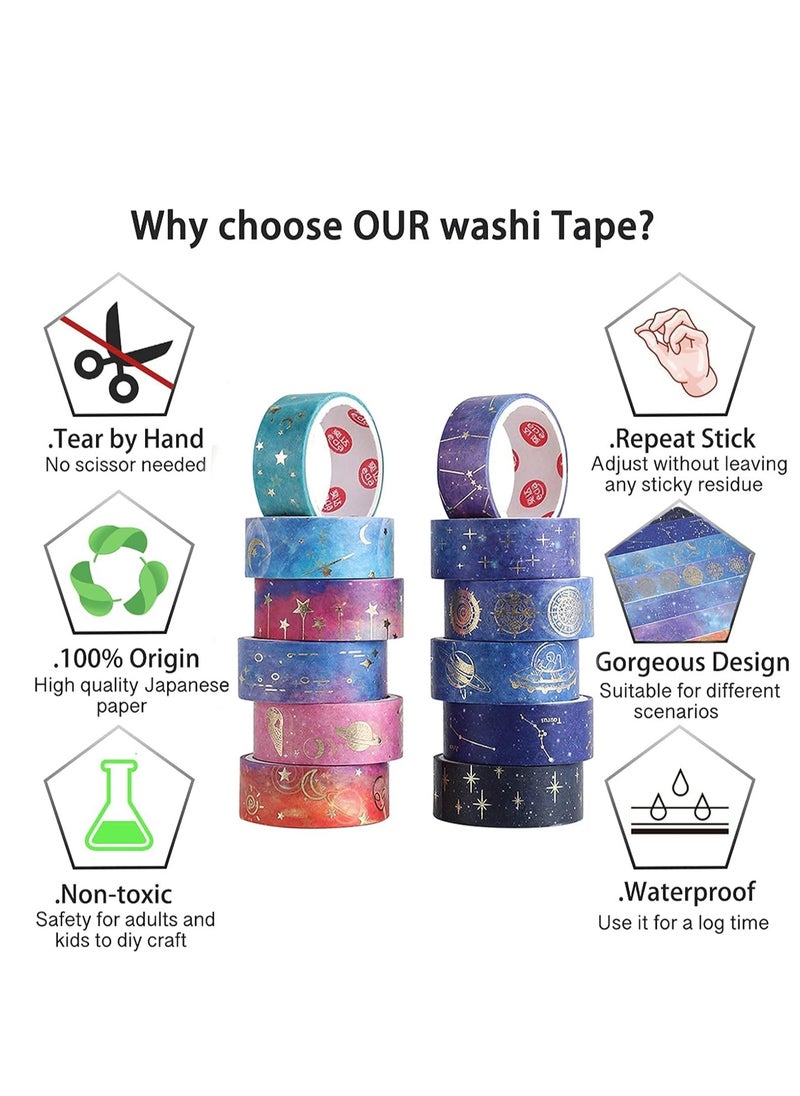 Arabest - Galaxy Purple Bronzing Washi Tape, 12 Rolls DIY Hand Account Creative Decorative Stickers Handmade Accessories Gold Foil Paper Tapes with Constellations, Blue Sky, Moon, Stars, Celestial Bodies - Image 1