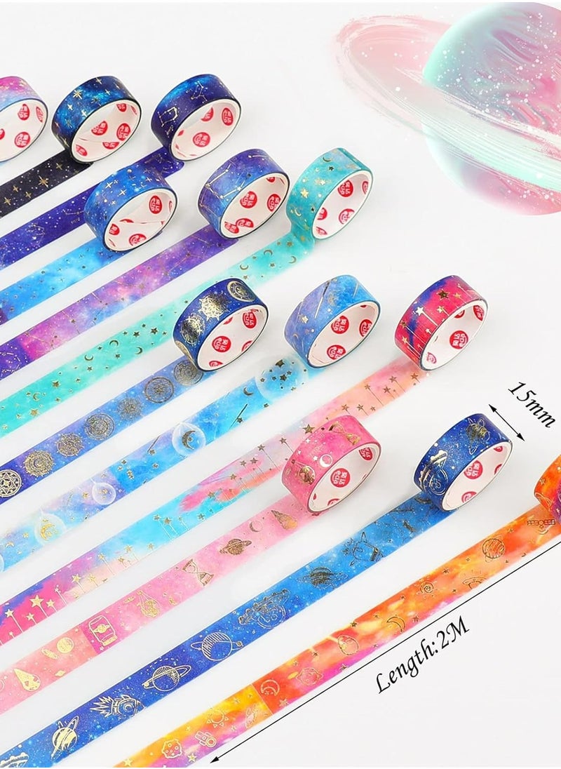 Arabest - Galaxy Purple Bronzing Washi Tape, 12 Rolls DIY Hand Account Creative Decorative Stickers Handmade Accessories Gold Foil Paper Tapes with Constellations, Blue Sky, Moon, Stars, Celestial Bodies - Image 1