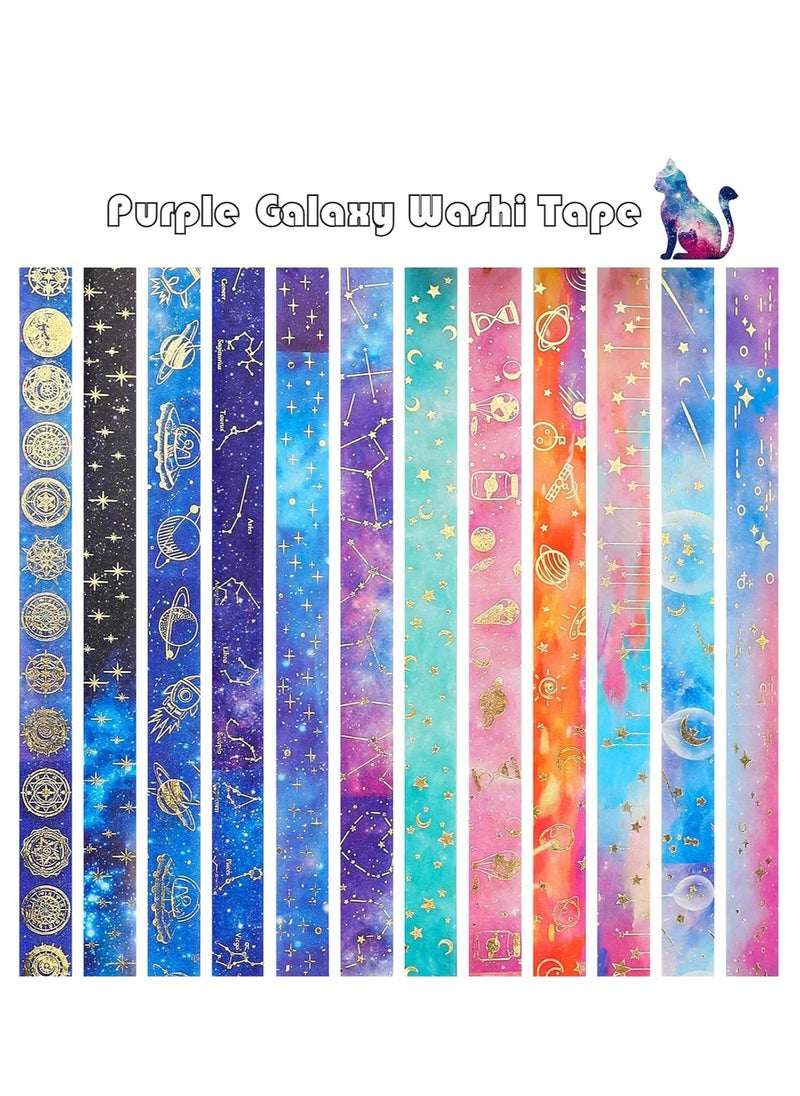 Arabest - Galaxy Purple Bronzing Washi Tape, 12 Rolls DIY Hand Account Creative Decorative Stickers Handmade Accessories Gold Foil Paper Tapes with Constellations, Blue Sky, Moon, Stars, Celestial Bodies - Image 1