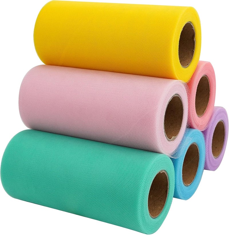 Meedee Pastel Tulle Ribbon 6 Rolls Tulle Fabric Spool Ribbon, 6 inch by 25 Yards/Spool, Perfect for Tutus DIY Wedding Table Skirt Rainbow Party Decorations Gift Wrapping - Image 2