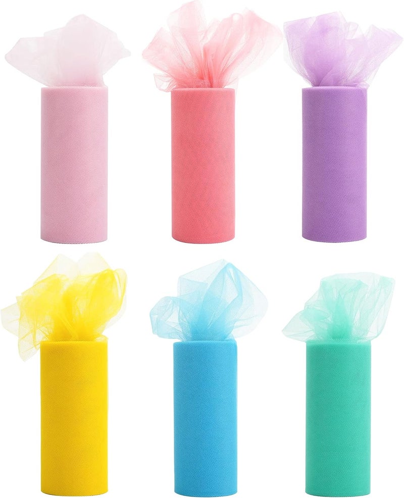 Meedee Pastel Tulle Ribbon 6 Rolls Tulle Fabric Spool Ribbon, 6 inch by 25 Yards/Spool, Perfect for Tutus DIY Wedding Table Skirt Rainbow Party Decorations Gift Wrapping - Image 3