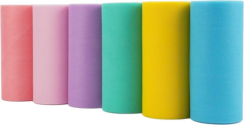 Meedee Pastel Tulle Ribbon 6 Rolls Tulle Fabric Spool Ribbon, 6 inch by 25 Yards/Spool, Perfect for Tutus DIY Wedding Table Skirt Rainbow Party Decorations Gift Wrapping - Image 1