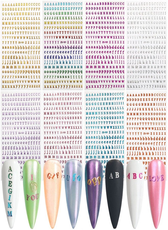 FUMIHIT Letter Nail Art Stickers Small Letter Nail Decals Nail Art Supplies 3D Alphabet Nail Stickers Designs Holographic English Font Letters Nail Sticker for Women Girls Nail Art Decoration (8 Sheets) - Image 1