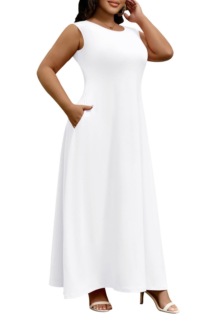FANDEE Women's Maxi Dress Sleeveless Strap Crew Neck Dress with Pockets Pullâ€‘On Long Casual Maxi Dress for Women White - Image 4