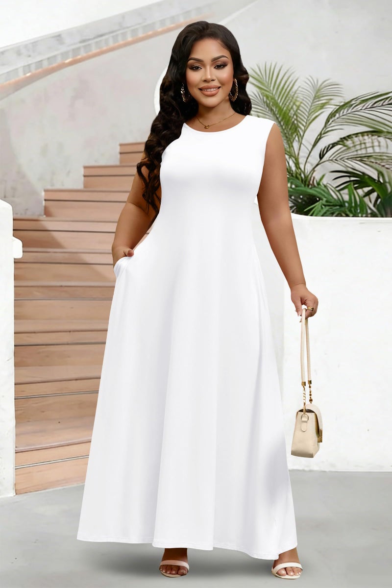 FANDEE Women's Maxi Dress Sleeveless Strap Crew Neck Dress with Pockets Pullâ€‘On Long Casual Maxi Dress for Women White - Image 3