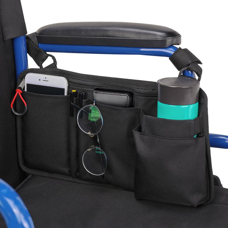 JOYTUTUS Walker Side Bag Wheelchair Armrest Storage Pouch with Cup Holder Wheelchair Accessories for Seniors Walker Bag Cup Holder for Walker Rollator Electric Scooter or Wheelchair Black - Image 2