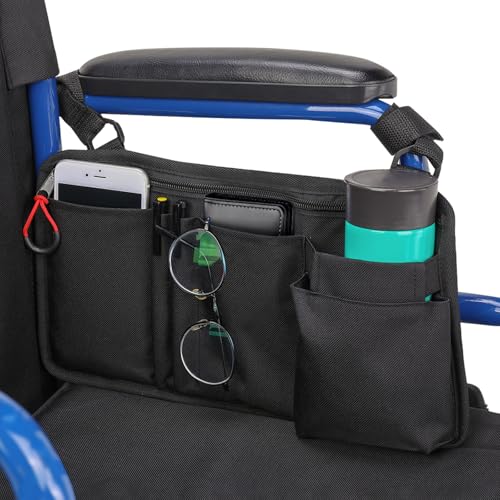 JOYTUTUS Walker Side Bag Wheelchair Armrest Storage Pouch with Cup Holder Wheelchair Accessories for Seniors Walker Bag Cup Holder for Walker Rollator Electric Scooter or Wheelchair Black - Image 1