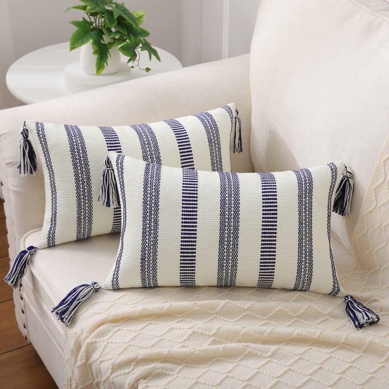 Smile Bee Boho Outdoor Couch Throw Pillow Covers Set of 2 Decorative Lumbar Thick Woven Striped Accent Neutral Pillow Covers with Tassels for Bed Sofa Home Decor 12x20 Inch Navy Blue and Cream White