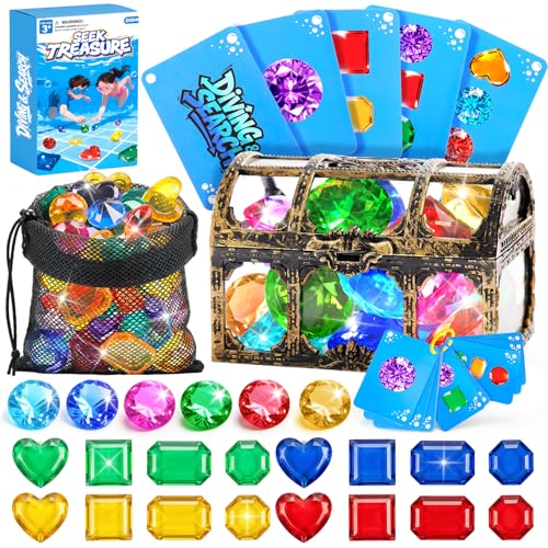 DISHIO Diving Toys for Kids Seek Treasure Underwater Pool Gem Hunt Pool Game with 60PCS Sinking Gems Pirate Treasure Chest 35PCS Waterproof Cards Summer Swimming Pool Toys for Toddlers Kids Age 310 - Image 1