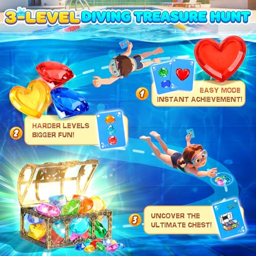 DISHIO Diving Toys for Kids Seek Treasure Underwater Pool Gem Hunt Pool Game with 60PCS Sinking Gems Pirate Treasure Chest 35PCS Waterproof Cards Summer Swimming Pool Toys for Toddlers Kids Age 310 - Image 5