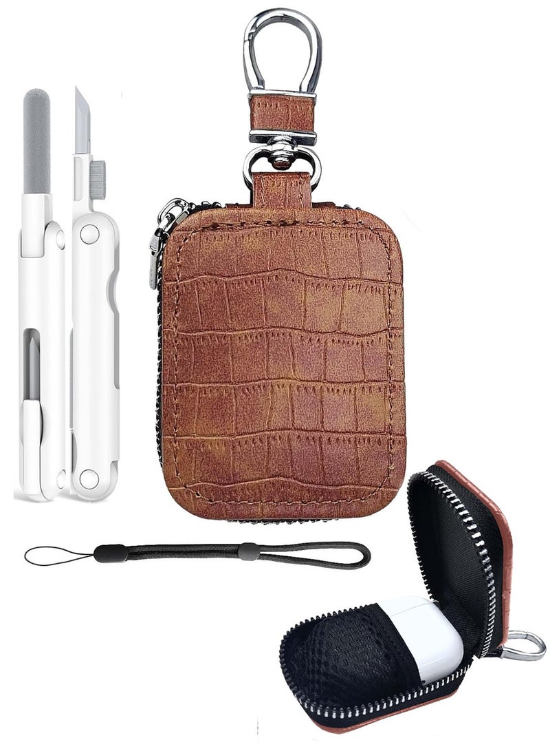 Universal PU Leather Earbud Carrying Case with Keychain, Crocodile-texture, Anti-Drop Earphones Storage Bag, Compatible with AirPods 1/2/3/4/Pro, Huawei, Galaxy earbud, Brown - Image 1