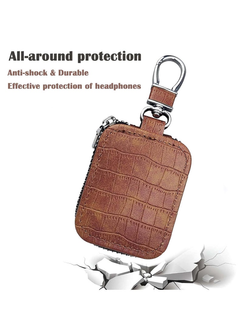 Universal PU Leather Earbud Carrying Case with Keychain, Crocodile-texture, Anti-Drop Earphones Storage Bag, Compatible with AirPods 1/2/3/4/Pro, Huawei, Galaxy earbud, Brown - Image 2