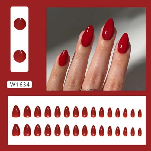Sevgob Red Press on Nails Medium Almond Fake Nails Solid Red Color False Nails Reusable Glossy Artificial Acrylic Nail Press ons Christmas Nail for Women Daily Wear Manicure 24pcs - Image 3