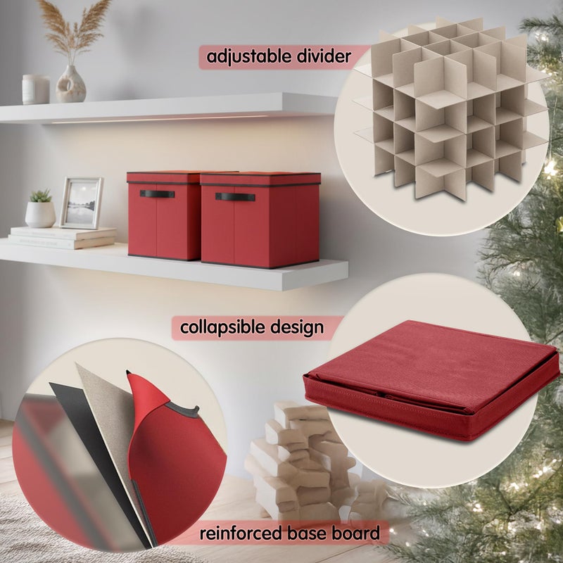 Mobi Lock Christmas Ornament Storage Box with Dividers - Holiday Ornament Organizer Bag - Holds 64 Balls - Durable Red Fabric Container, No Tray - Foldable Xmas Decorations Storage - Image 5