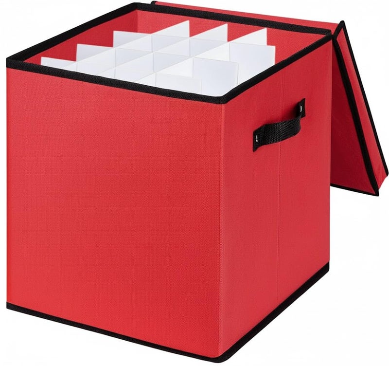 Mobi Lock Christmas Ornament Storage Box with Dividers - Holiday Ornament Organizer Bag - Holds 64 Balls - Durable Red Fabric Container, No Tray - Foldable Xmas Decorations Storage - Image 1