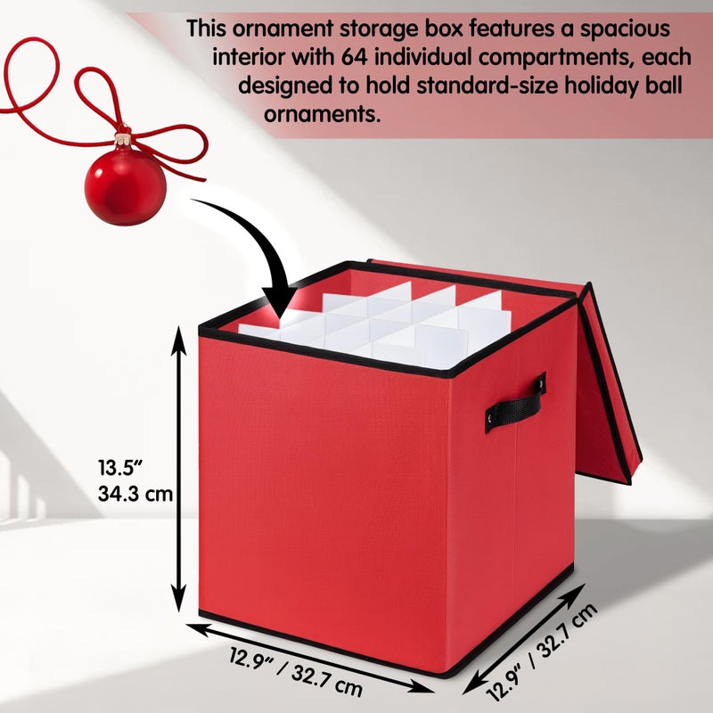 Mobi Lock Christmas Ornament Storage Box with Dividers - Holiday Ornament Organizer Bag - Holds 64 Balls - Durable Red Fabric Container, No Tray - Foldable Xmas Decorations Storage - Image 3
