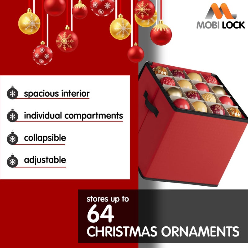 Mobi Lock Christmas Ornament Storage Box with Dividers - Holiday Ornament Organizer Bag - Holds 64 Balls - Durable Red Fabric Container, No Tray - Foldable Xmas Decorations Storage - Image 2
