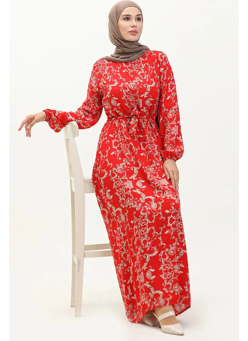Sefa Merve Viscose Patterned Belted Dress 0239-02 Brick Mink
