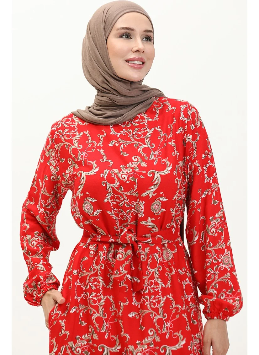 Sefa Merve Viscose Patterned Belted Dress 0239-02 Brick Mink
