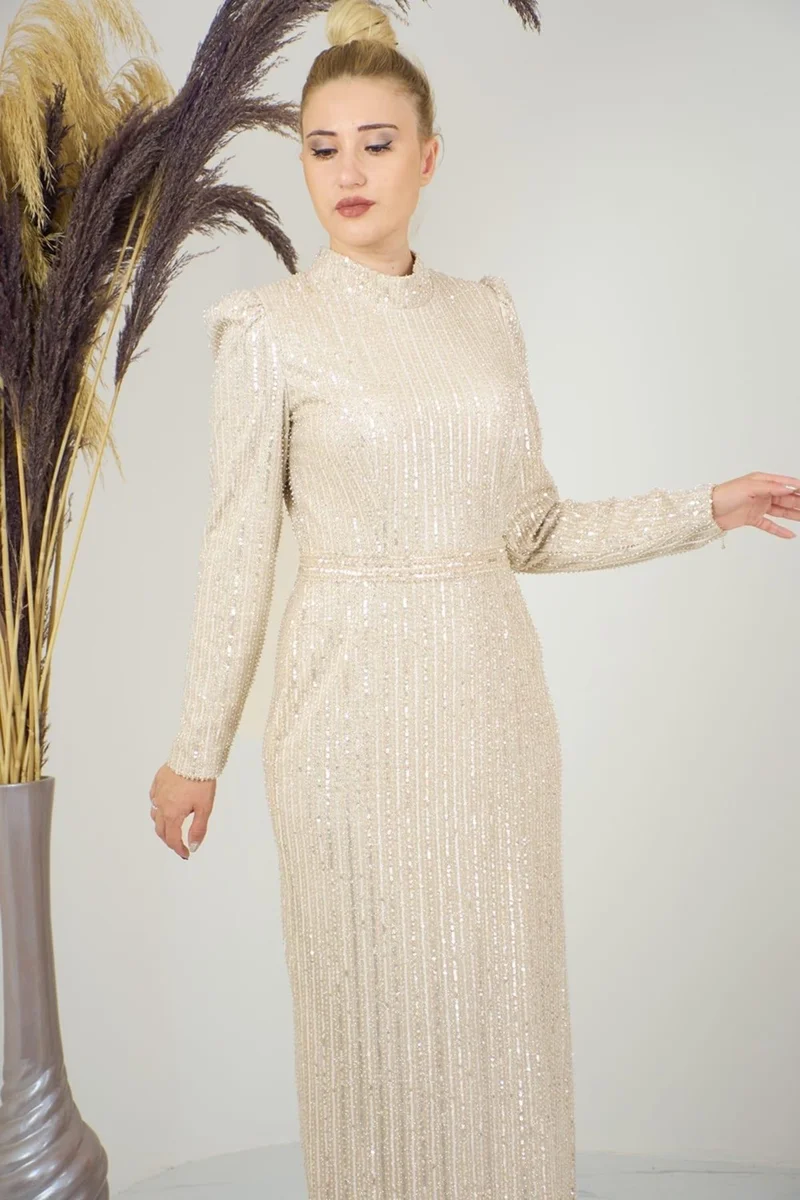 Esilanur Tulle Beaded Ankle Length Asel Hijab Evening Dress Beige