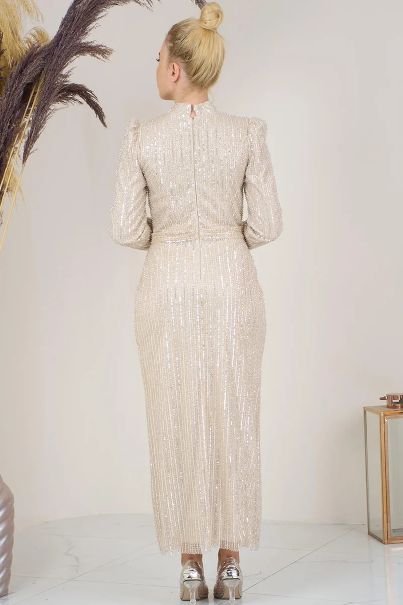 Esilanur Tulle Beaded Ankle Length Asel Hijab Evening Dress Beige
