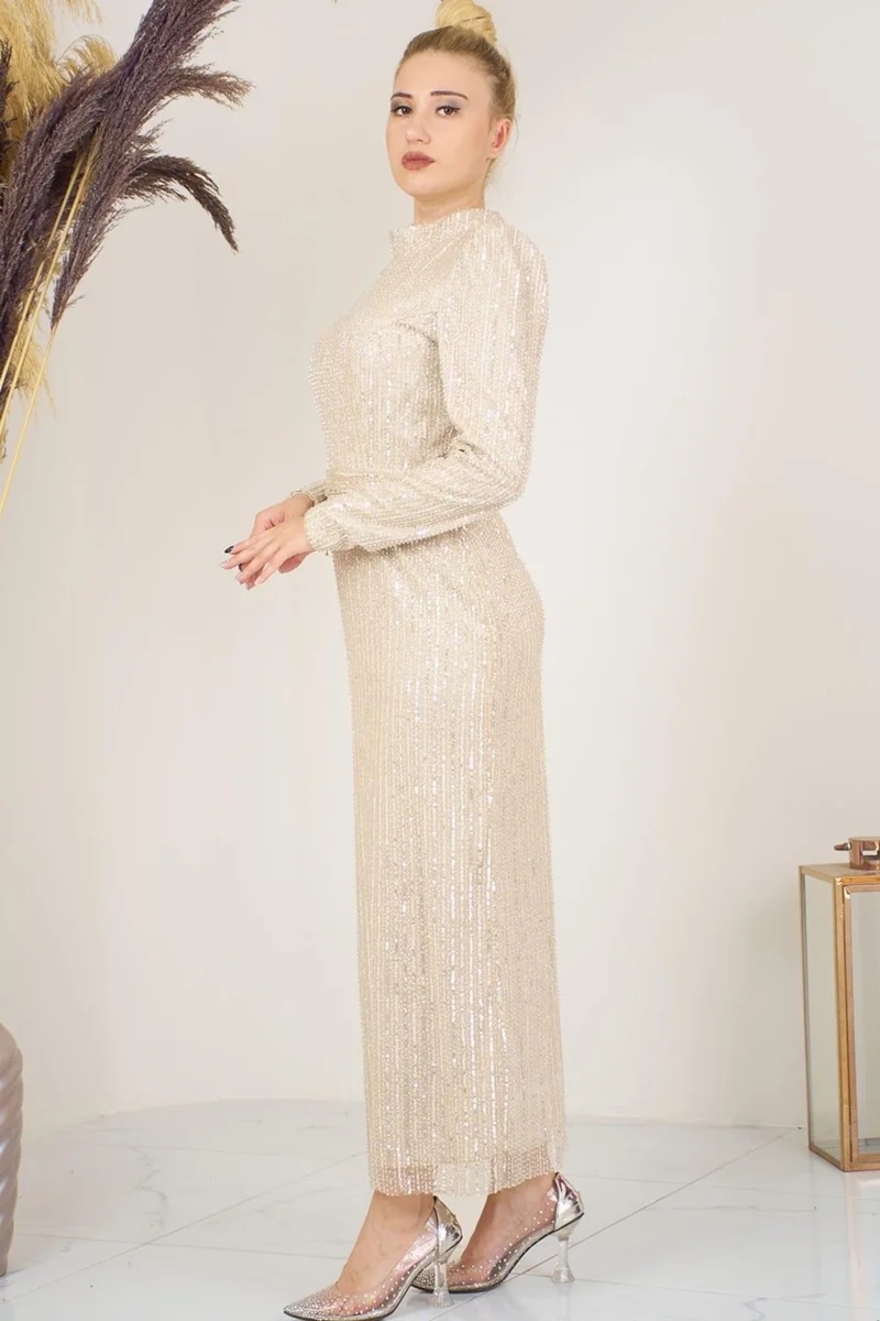 Esilanur Tulle Beaded Ankle Length Asel Hijab Evening Dress Beige