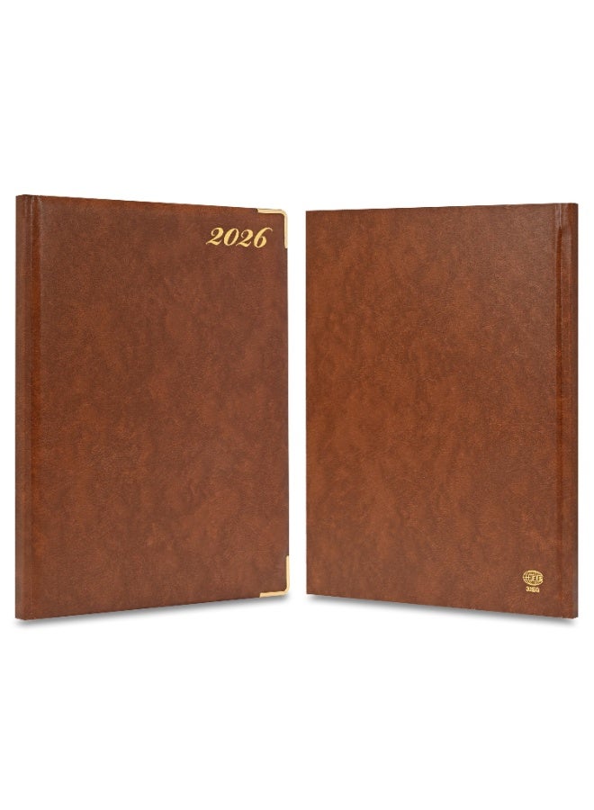 FIS مفكرة تنفيذية 2026، حجم 210x260 مم، إصدار ذهبي، غلاف صلب من الفينيل، جانب واحد مبطن، حواف مطلية بالذهب، زوايا مدورة، إنجليزي/فرنسي، ورق أبيض 70 جرام، غلاف بني - FSDI32EG26BR - Image 2