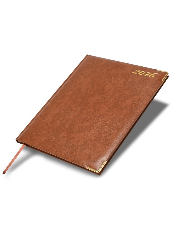 FIS مفكرة تنفيذية 2026، حجم 210x260 مم، إصدار ذهبي، غلاف صلب من الفينيل، جانب واحد مبطن، حواف مطلية بالذهب، زوايا مدورة، إنجليزي/فرنسي، ورق أبيض 70 جرام، غلاف بني - FSDI32EG26BR - Image 1