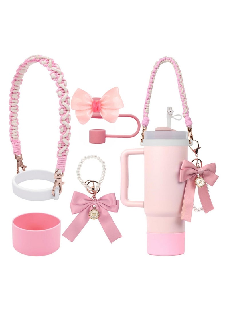 Water Bottle Accessories Set, Bow Pearl Chain Braided Design Water Bottle Handle Strap, Silicone Water Bottle Protective Cover, Water Bottle 30/40 Oz Water Bottle Charm (Pink erfly Festival-Stanley
