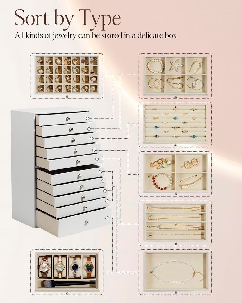 GUKA Large Jewelry Box, Jewelry Case with 10 Drawers for Big and Small Jewelry, Jewelry Storage Organizer for Watch Earrings Necklace Rings Bracelets, Birthday Wedding Gifts, White - Image 3