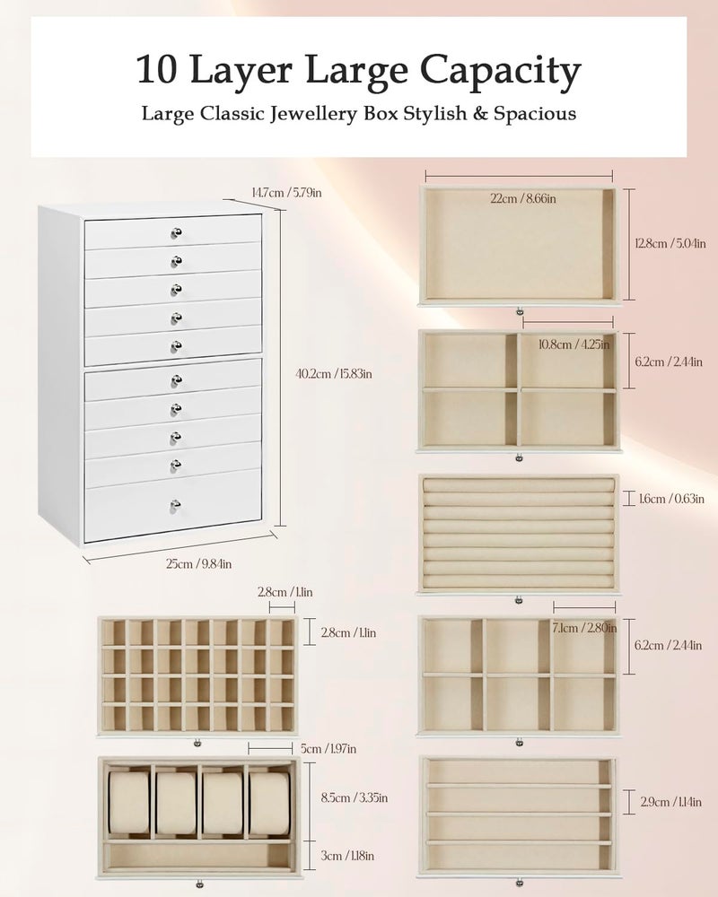 GUKA Large Jewelry Box, Jewelry Case with 10 Drawers for Big and Small Jewelry, Jewelry Storage Organizer for Watch Earrings Necklace Rings Bracelets, Birthday Wedding Gifts, White - Image 5