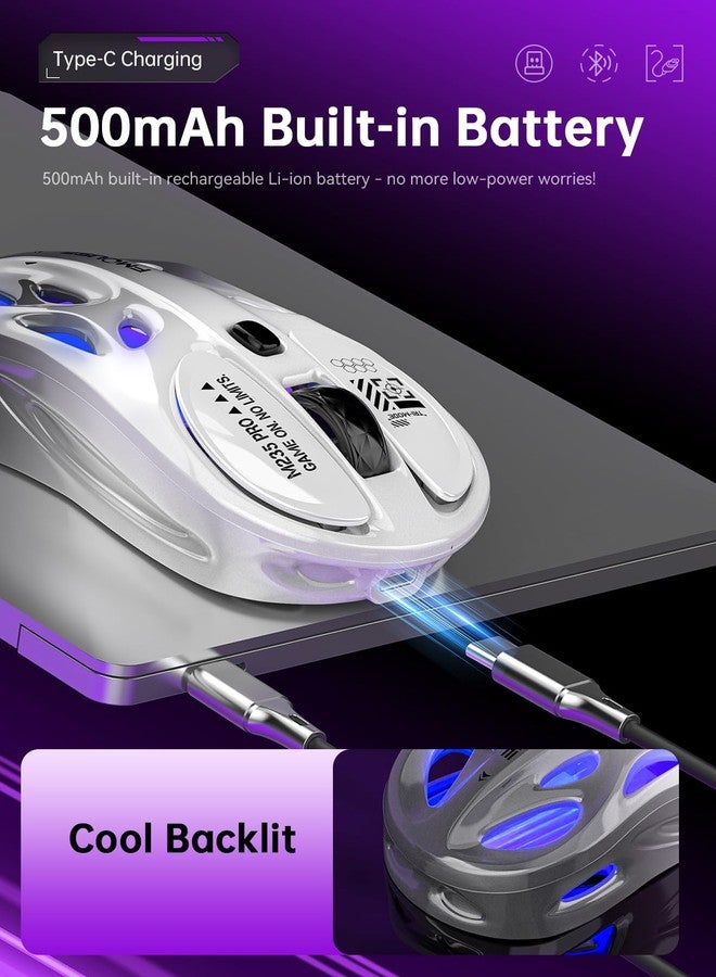 FMOUSE Tri-Mode Wireless Mouse (2.4G/Bluetooth/Wired), Hollow Design, RGB, 4800 DPI, Rechargeable Type-C for Mac/Laptop/iPad (Gaming/Office) - White & Gray Gradient - Image 4