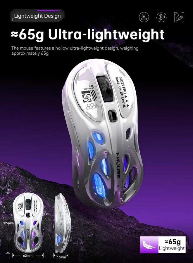 FMOUSE Tri-Mode Wireless Mouse (2.4G/Bluetooth/Wired), Hollow Design, RGB, 4800 DPI, Rechargeable Type-C for Mac/Laptop/iPad (Gaming/Office) - White & Gray Gradient - Image 3