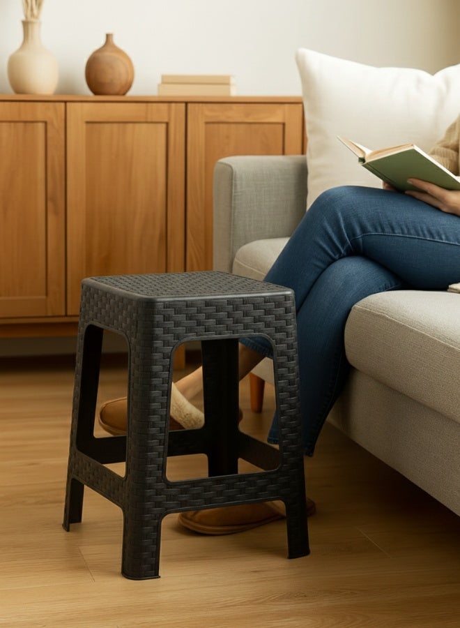 Marcolo Plastic Stool with Rattan Design – Lightweight, Weather & UV Resistant (Black, 36×36×45 cm) - Image 3