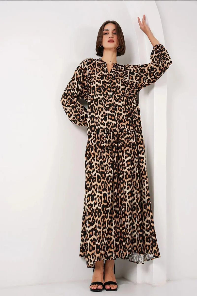 Big Dart Chestnut Brown BDART Printed V-Neck Maxi Dress with Button Closure for Women | Best Price UAE