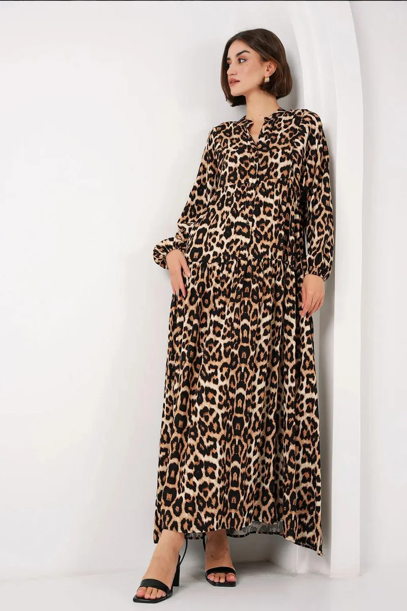 Big Dart Chestnut Brown BDART Printed V-Neck Maxi Dress with Button Closure for Women | Best Price UAE
