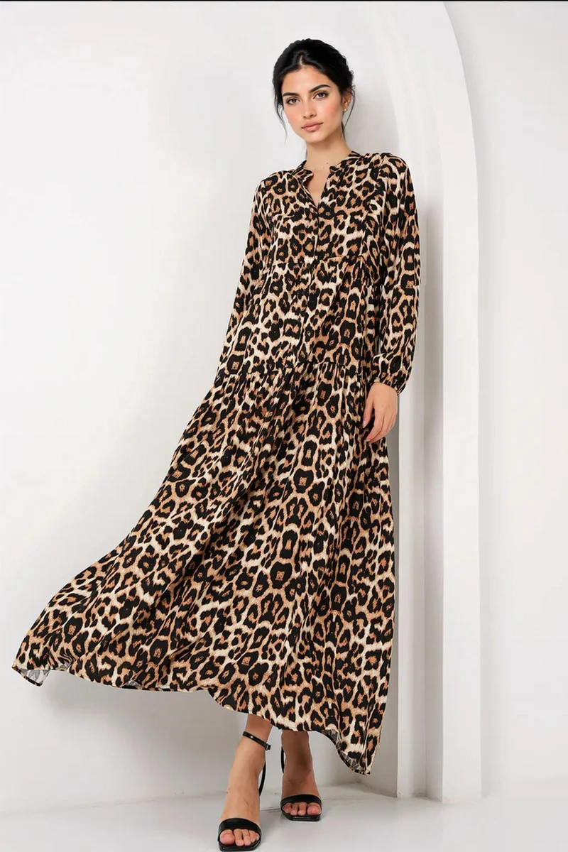 Big Dart Chestnut Brown BDART Printed V-Neck Maxi Dress with Button Closure for Women | Best Price UAE
