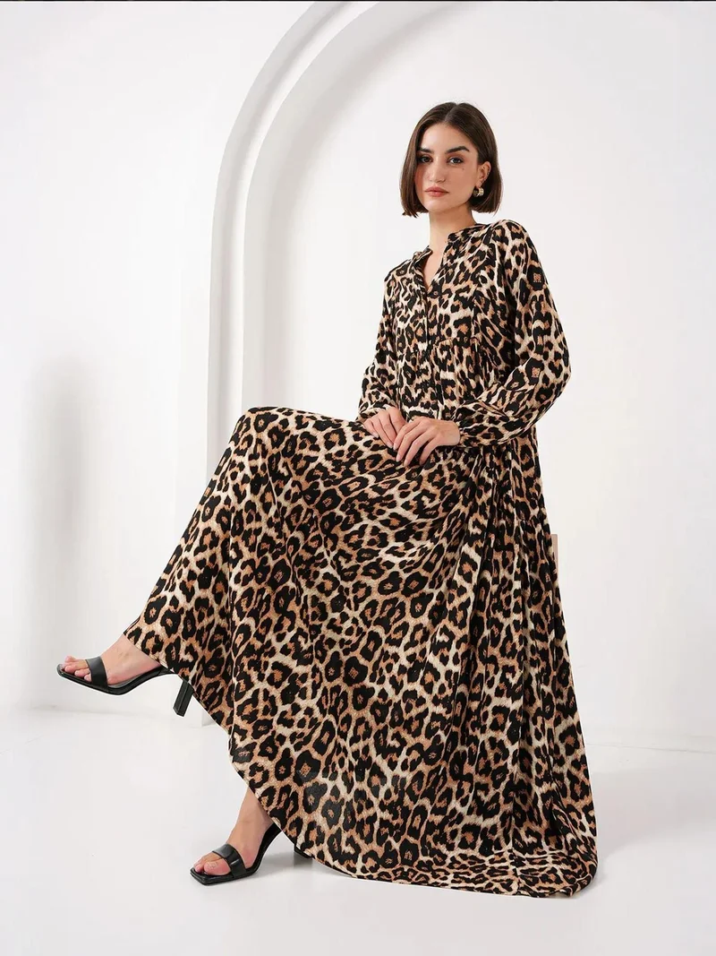 BDART Printed V-Neck Maxi Dress with Button Closure