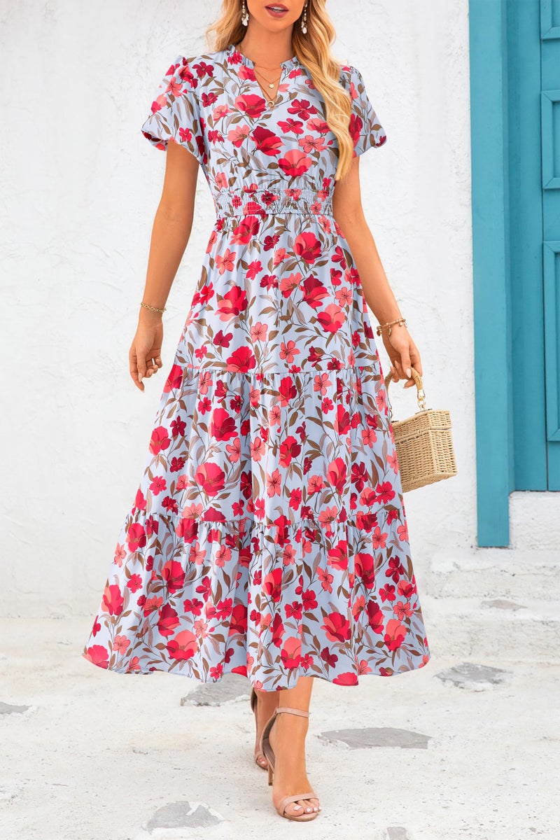 MASCOMODA Summer Boho Maxi Dress for Women 2026 Casual Puff Short Sleeve Smocked V Neck Flowy Beach Long Floral Dresses(Blue Red Flower,Medium) - Image 2